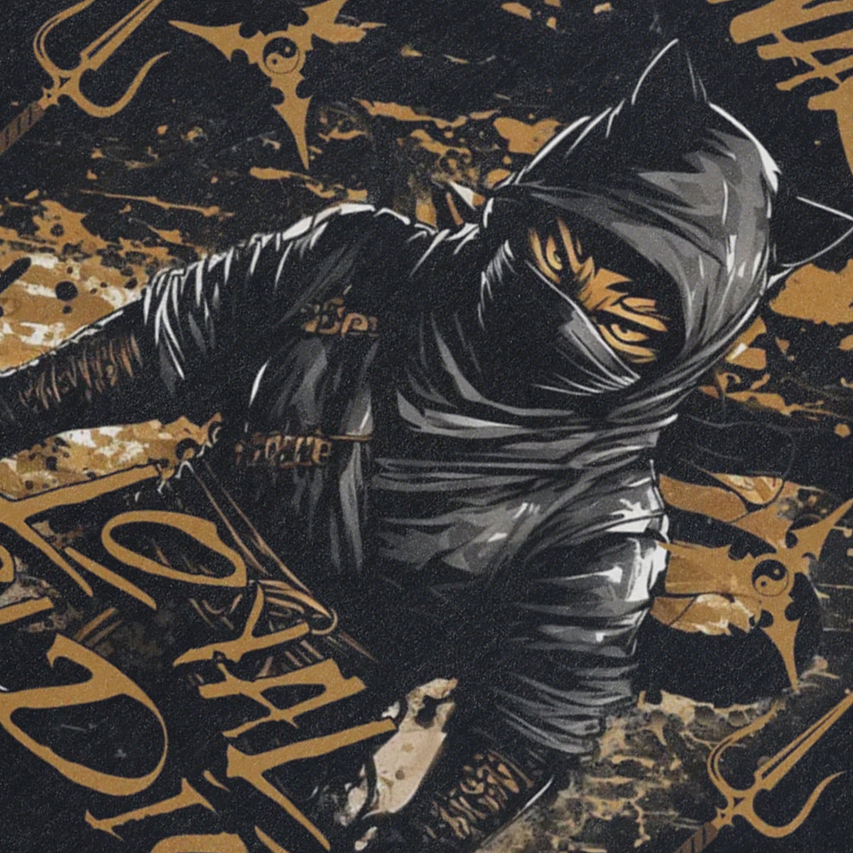 Ninja cat sleeveless t-shirt retro Japanese surfer vest 90s grunge tank top in acid wash black