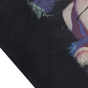 Cute girl sleeveless t-shirt anime cartoon surfer vest 00s grunge Manga tank top in acid wash black