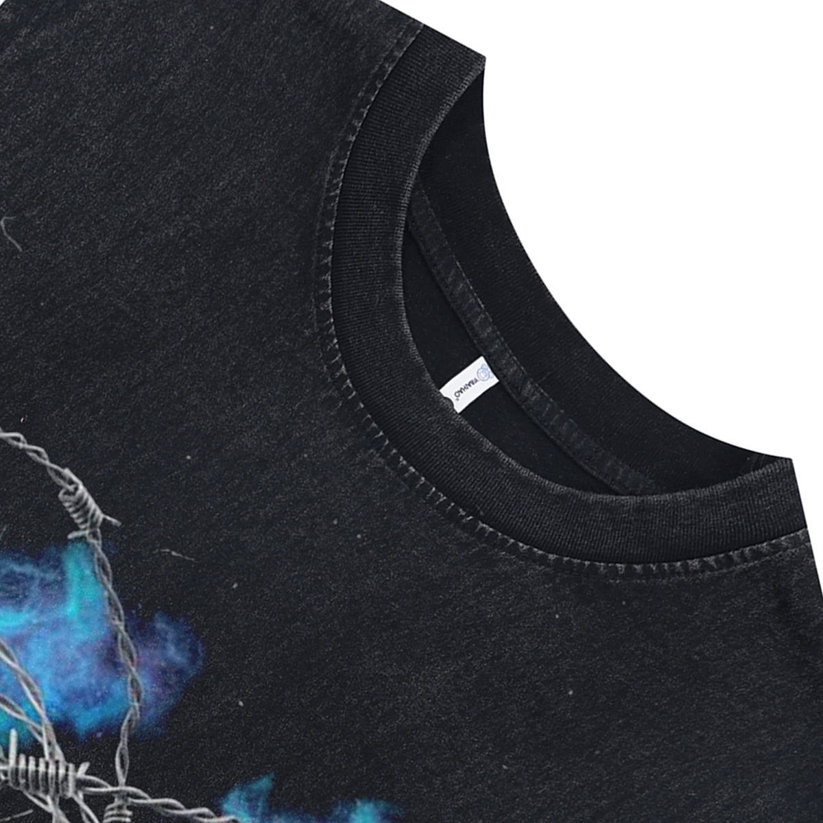 Butterfly print sleeveless t-shirt barbered wire surfer vest 00s cyberpunk tank top in acid wash black