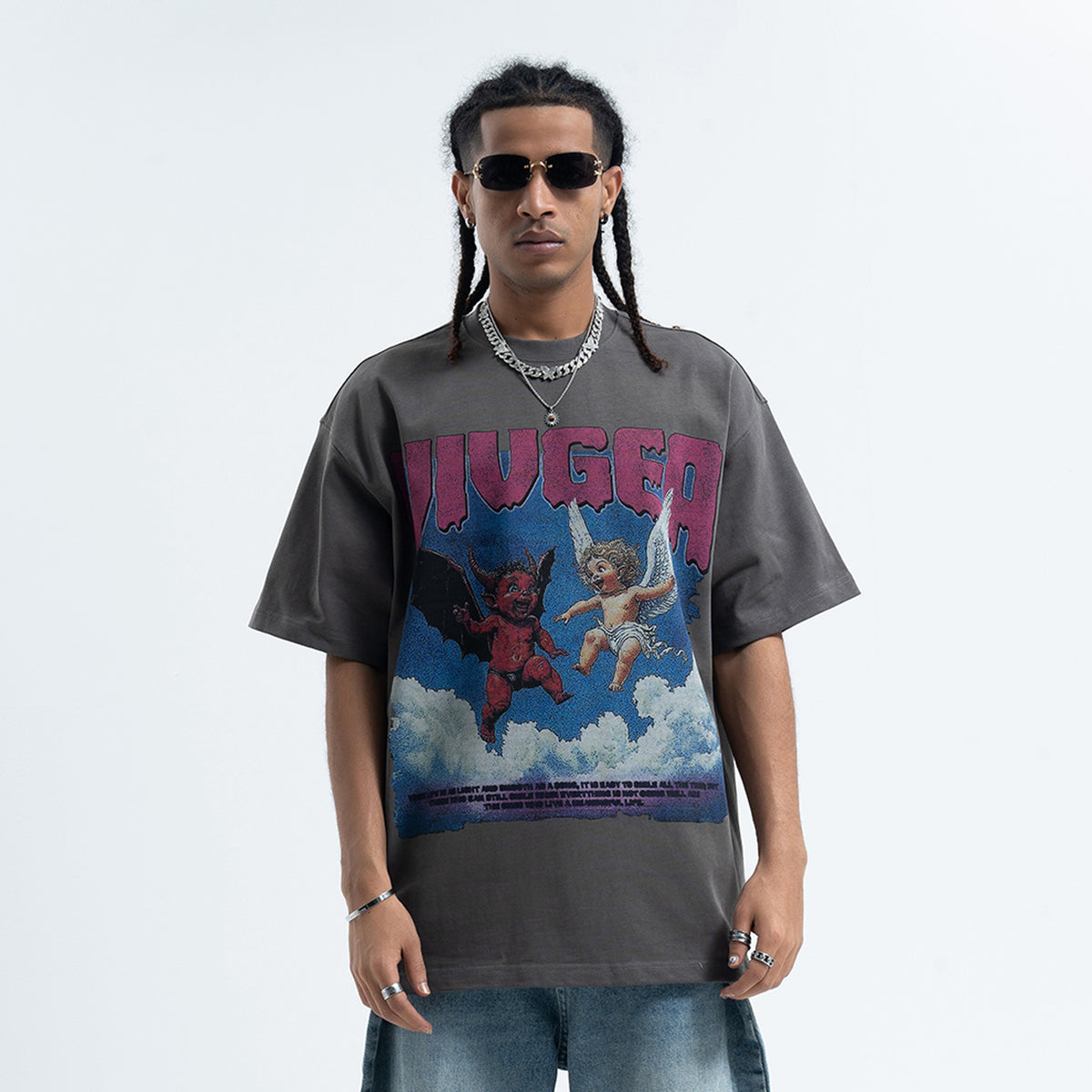 Angel devil t-shirt funny religion top retro cartoon tee in black