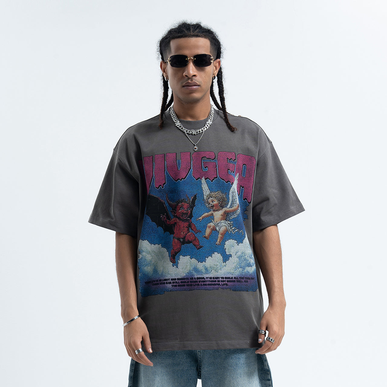 Angel devil t-shirt funny religion top retro cartoon tee in grey