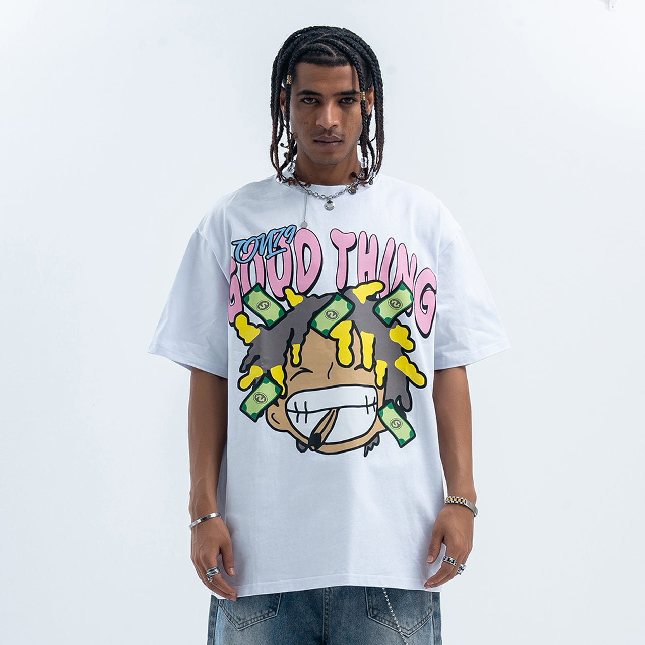 Hip-hop t-shirt rapper top money print tee white