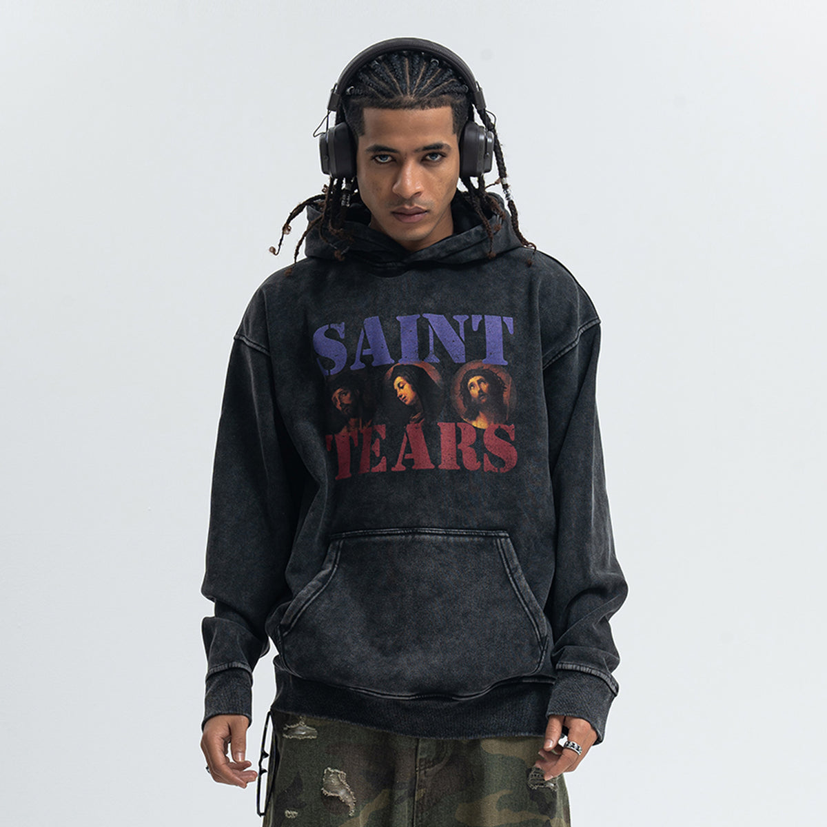 Saint print hoodie vintage wash religion jumper grunge retro pullover in acid grey
