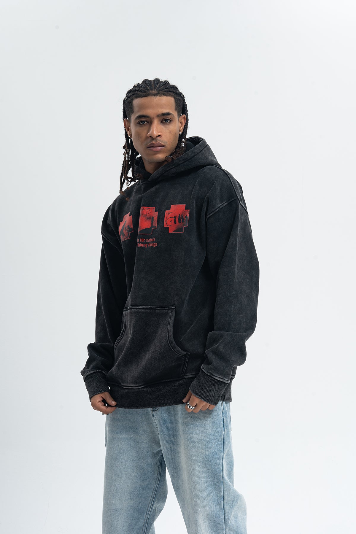 Creepy print hoodie gothic pullover retro cartoon jumper in vintage acid grey