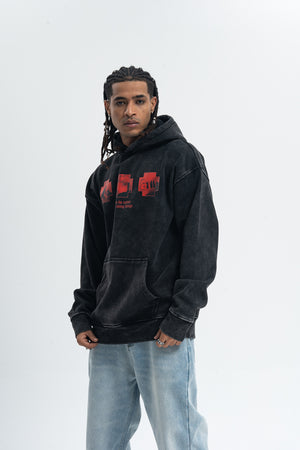 Creepy print hoodie gothic pullover retro cartoon jumper in vintage acid grey