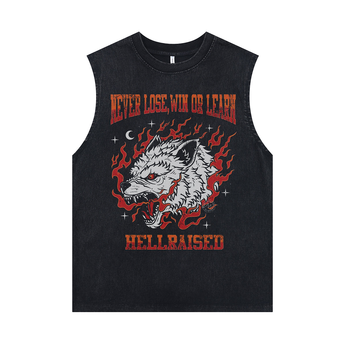 Wolf print vintage sleeveless t-shirt hellraised slogan surfer vest retro metalcore tank top in acid wash black