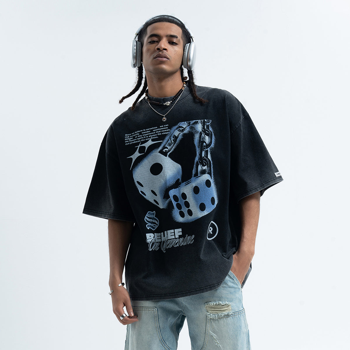 Dice print t-shirt retro game top good luck tee in black