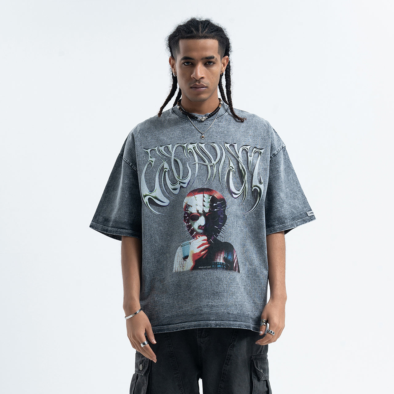 Creepy mask t-shirt scary movie top horror tee retro jumper in grey