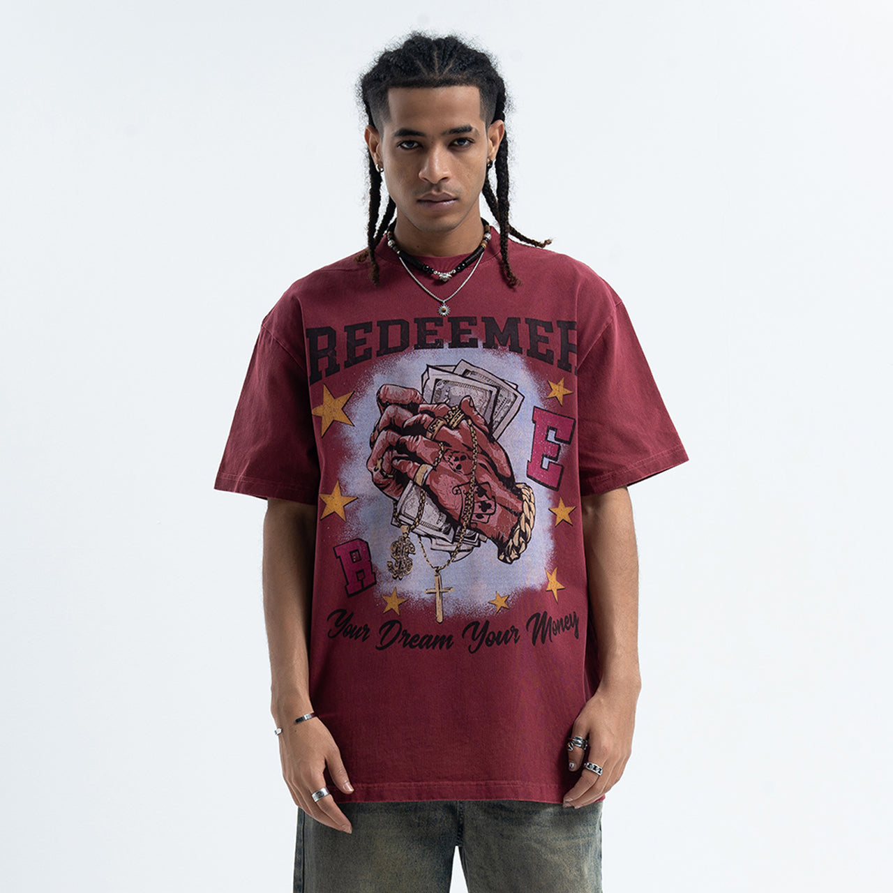 Money slogan t-shirt praying hands top cross print tee in red