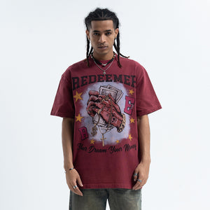 Money slogan t-shirt praying hands top cross print tee in red