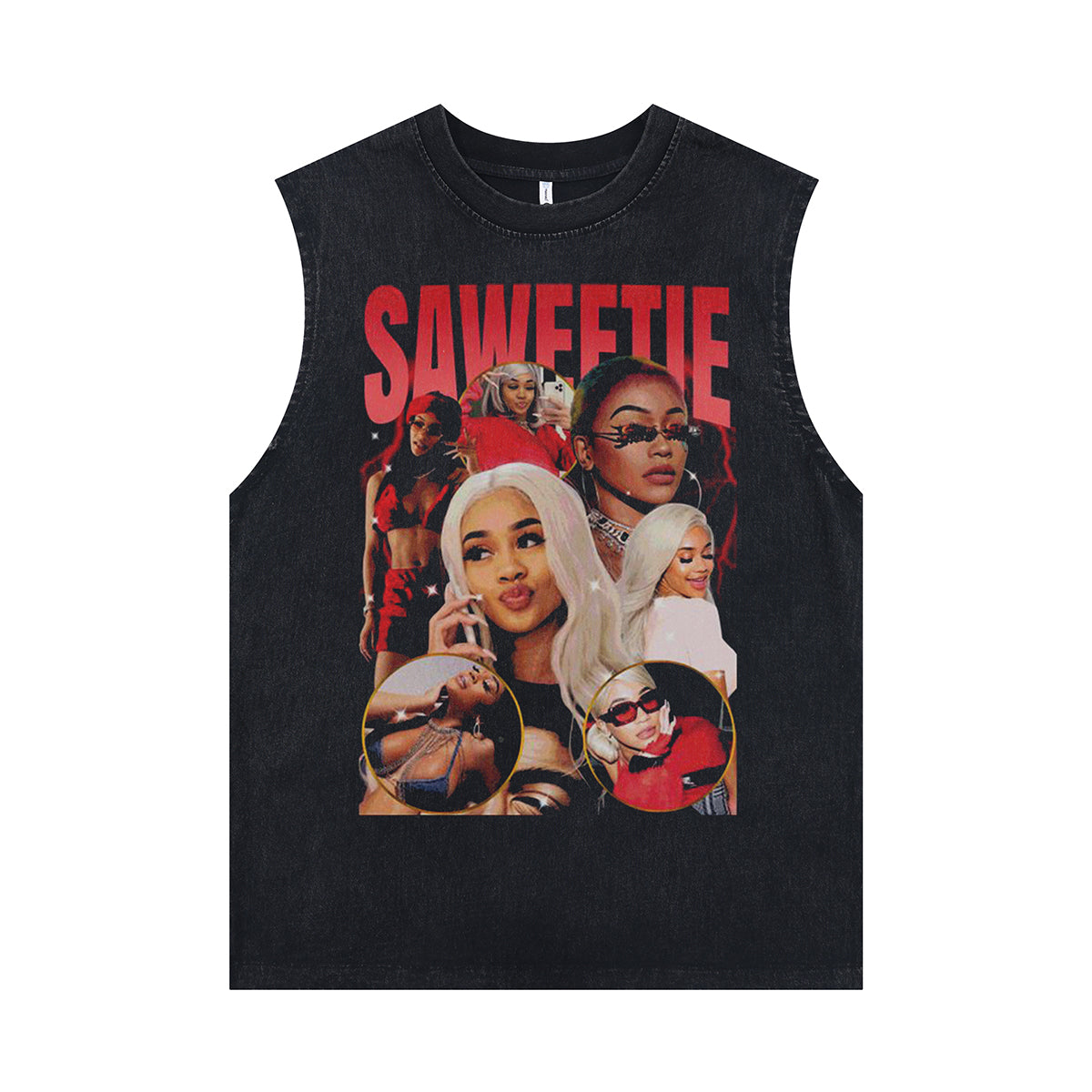 Saweetie sleeveless t-shirt vintage rapper vest hip-hop tank top in acid wash black