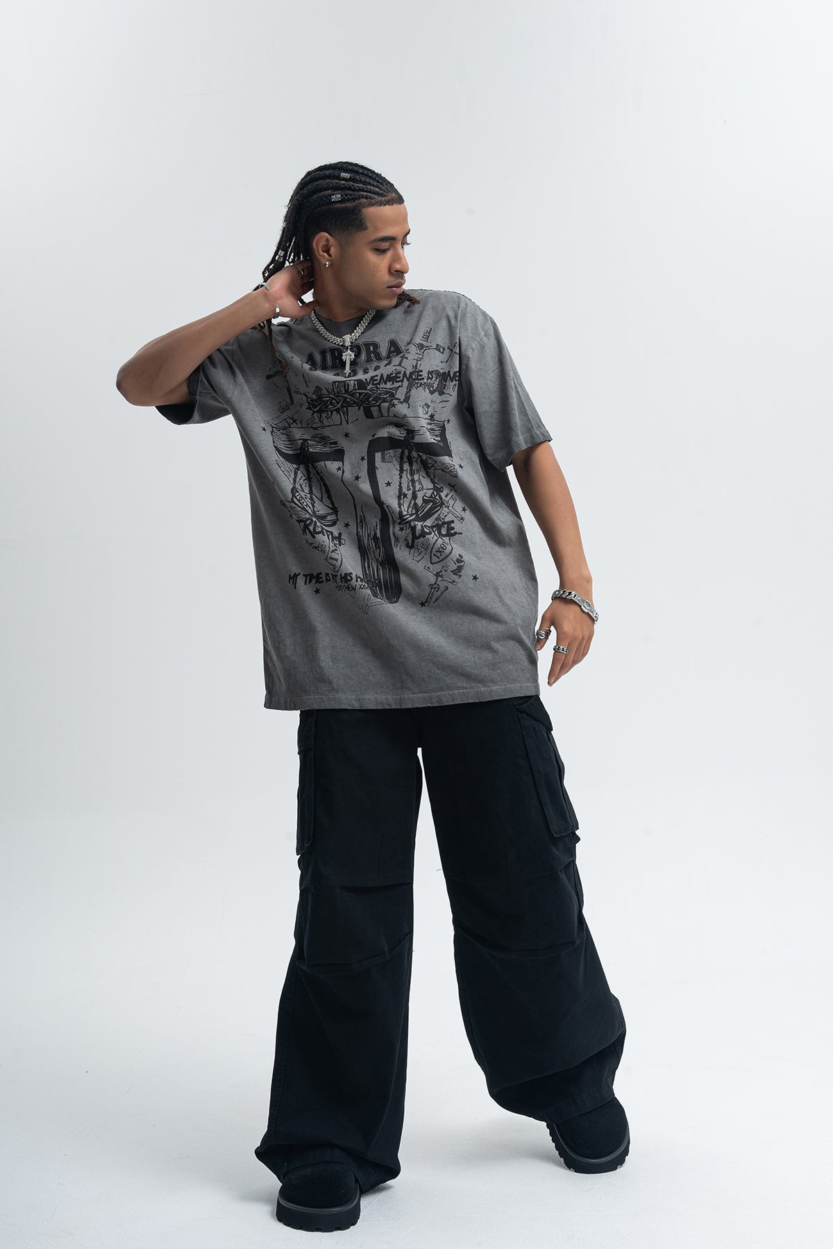 Cross print t-shirt religion top grunge saint tee in grey