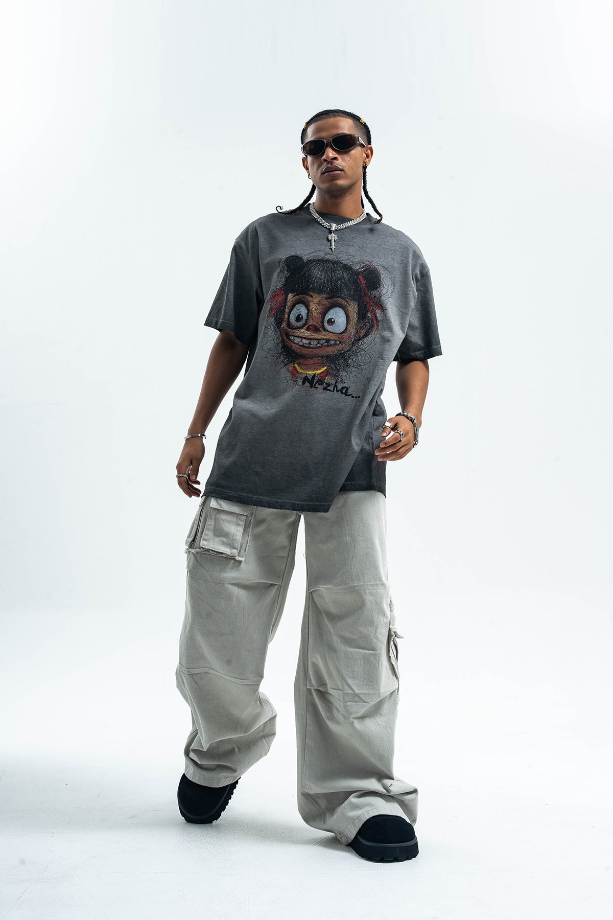 Scary cartoon t-shirt creepy anime top grunge retro horror tee in Grey