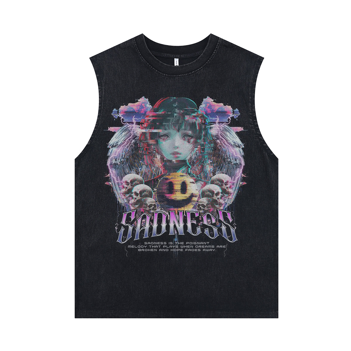Sad girl sleeveless t-shirt angel print surfer vest 00s anime tank top in acid wash black