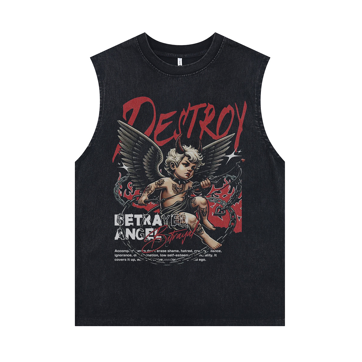 Angel print vintage sleeveless t-shirt gothic surfer vest retro metalcore tank top in acid wash black