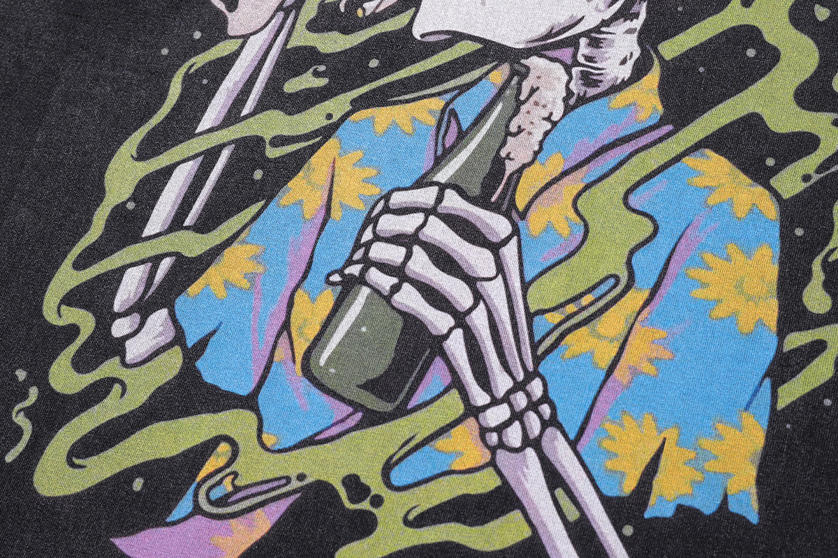 Party slogan t-shirt skeleton cartoon tee retro hawaii top in vintage grey