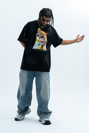 Cat print t-shirt retro cartoon top funny tee in black