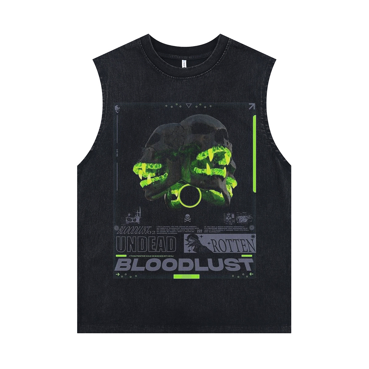 Fluorescent skeleton sleeveless t-shirt neon psychedelic skull cartoon vest creepy poster tank top in acid wash black