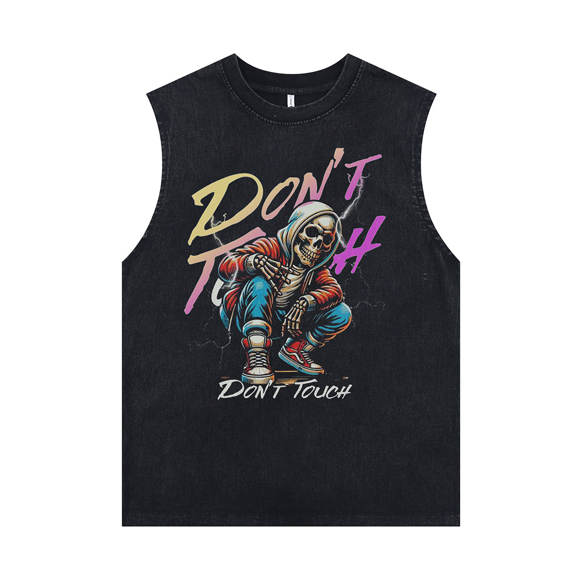 Gangster skeleton sleeveless t-shirt rapper cartoon surfer vest 00s hip-hop tank top in acid wash black