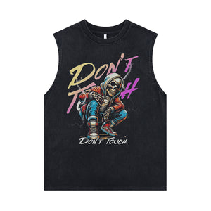 Gangster skeleton sleeveless t-shirt rapper cartoon surfer vest 00s hip-hop tank top in acid wash black