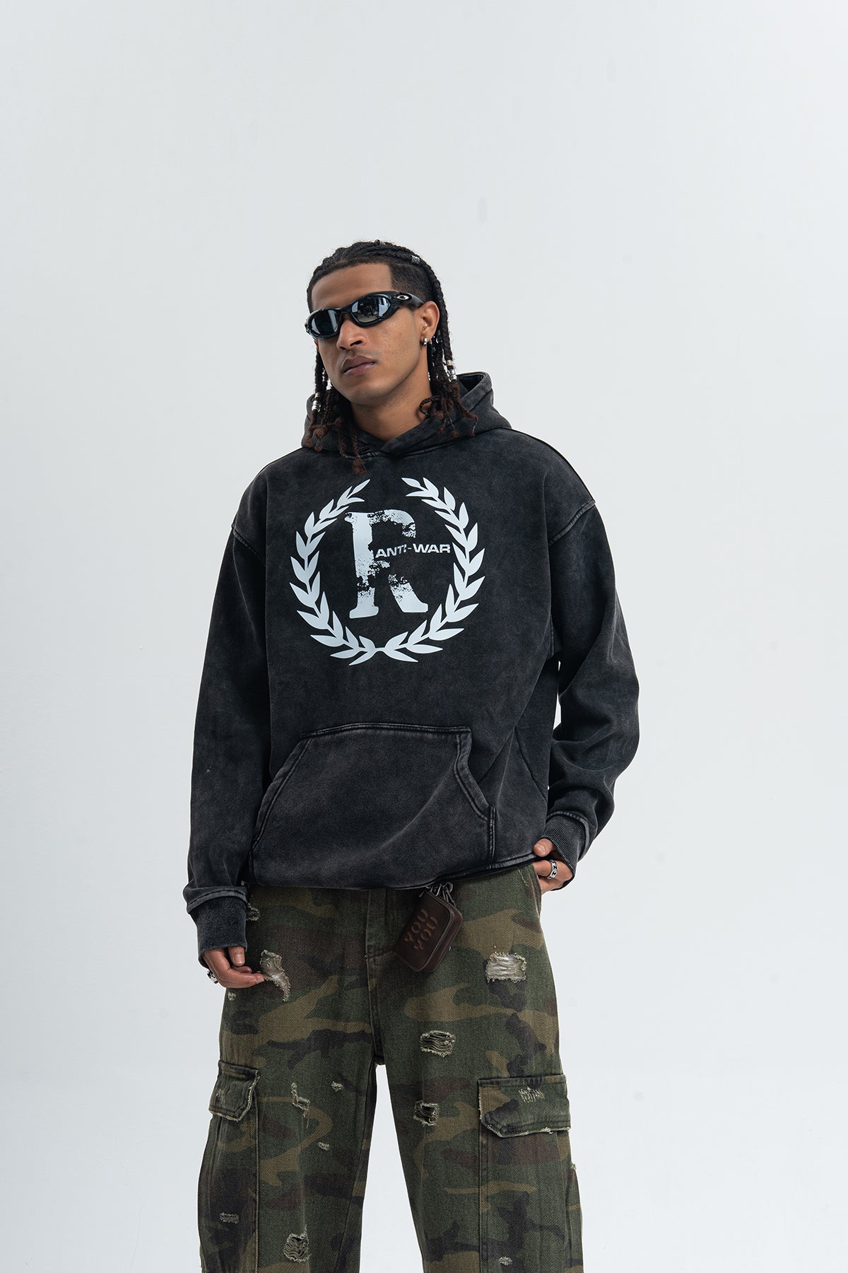 Peace slogan hoodie vintage wash no war hoodie grunge jumper in acid grey