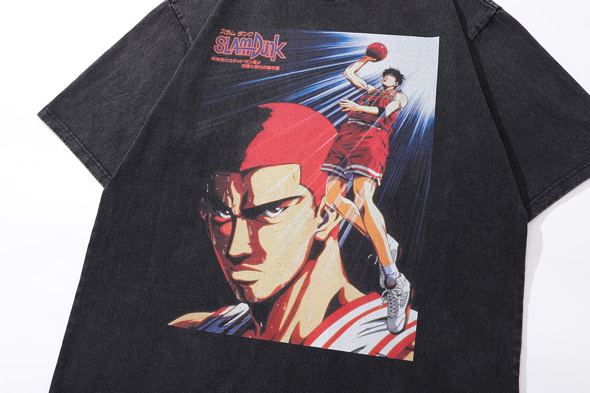 Basketball player cartoon t-shirt Japanese anime tee retro sports top in vintage grey