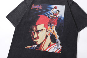 Basketball player cartoon t-shirt Japanese anime tee retro sports top in vintage grey