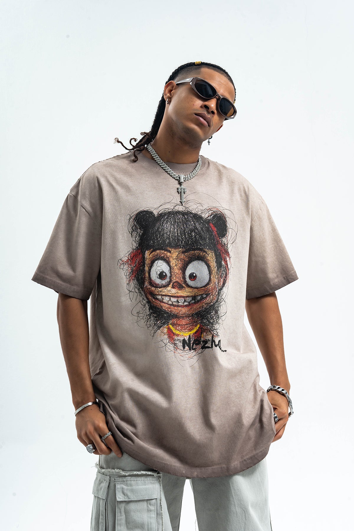 Scary cartoon t-shirt creepy anime top grunge retro horror tee in Grey