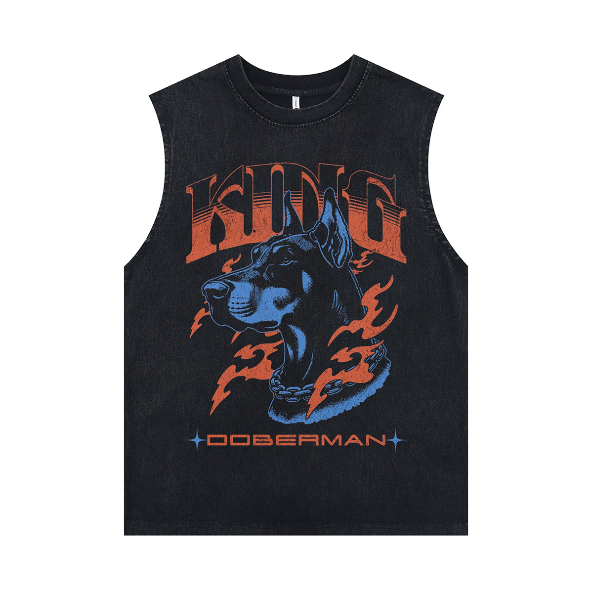 Doberman sleeveless t-shirt king slogan surfer vest 90s grunge pinscher tank top in acid wash black