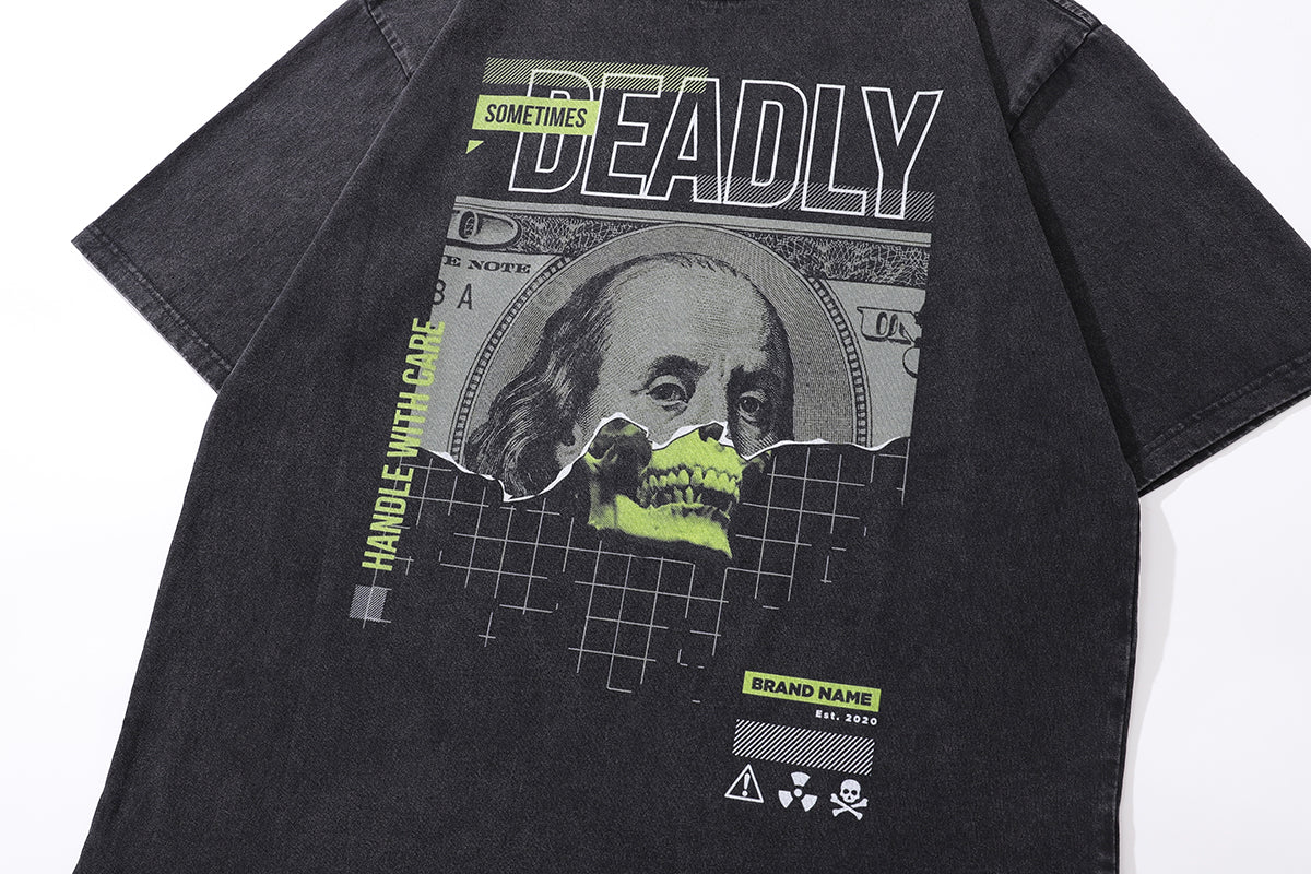 Psychedelic punk t-shirt money slogan tee creepy skull top in vintage grey