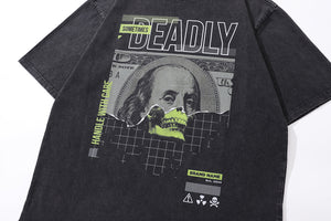 Psychedelic punk t-shirt money slogan tee creepy skull top in vintage grey