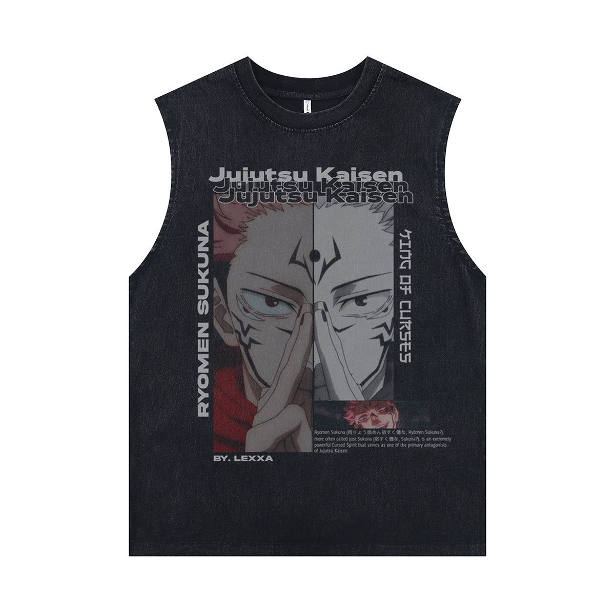 Sukuna sleeveless t-shirt vintage anime vest retro cartoon tank top in acid wash black