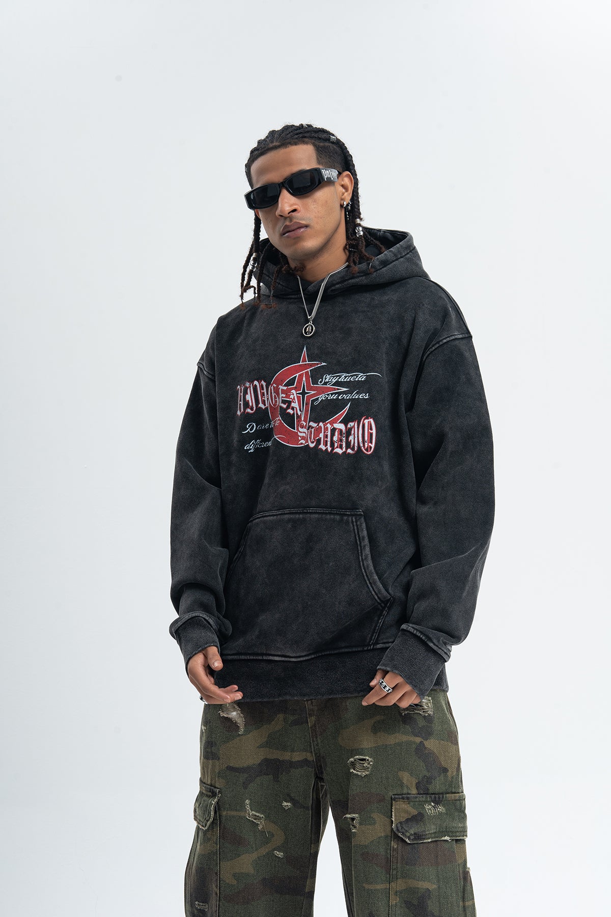 Anti war hoodie retro piece pullover grunge vintage wash jumper in acid grey