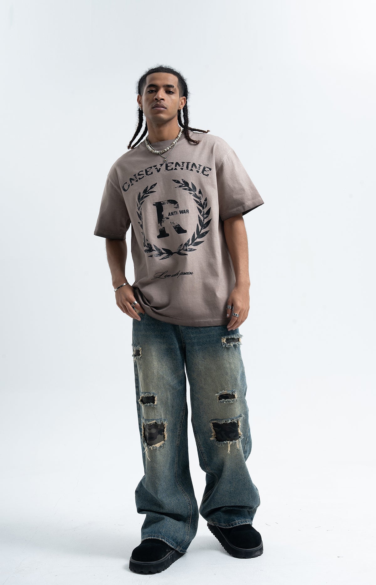 Anti war t-shirt peace slogan top hippie tee in beige