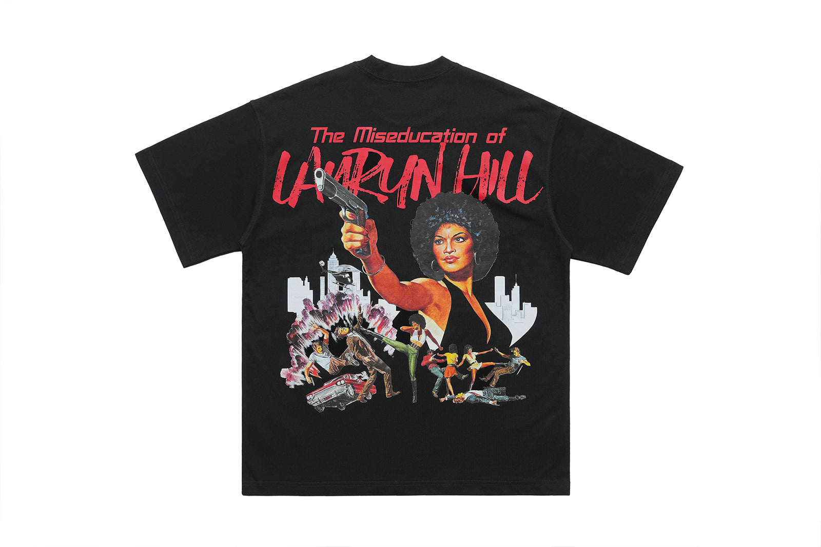 Retro movie t-shirt old cartoon top pistol print tee hip-hop jumper in Black