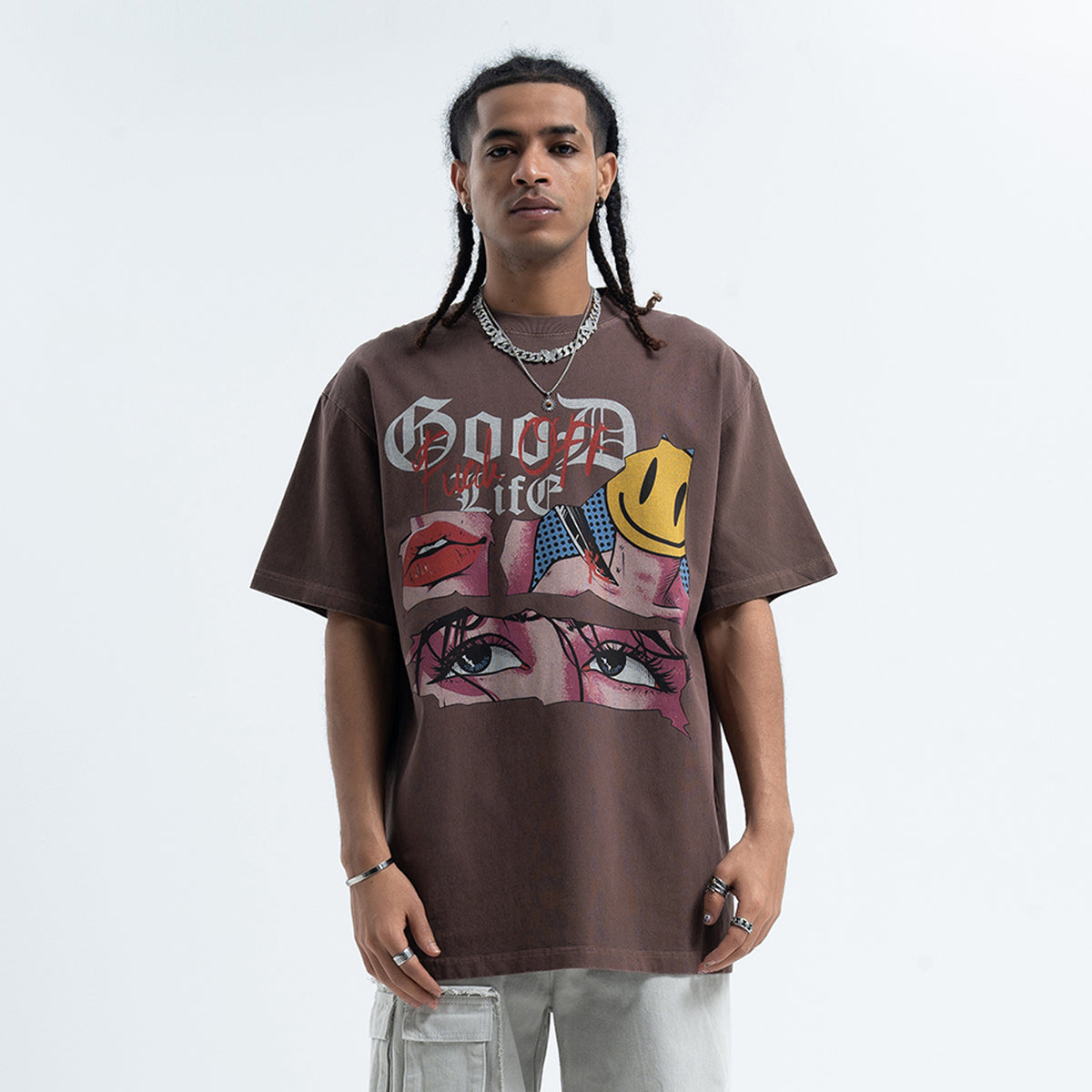 Anime t-shirt retro cartoon top 90s tee good life slogan jumper in grey