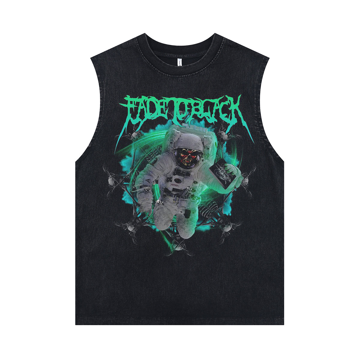 Creepy spaceman sleeveless t-shirt psychedelic cartoon vest 00s astronaut poster tank top in acid wash black