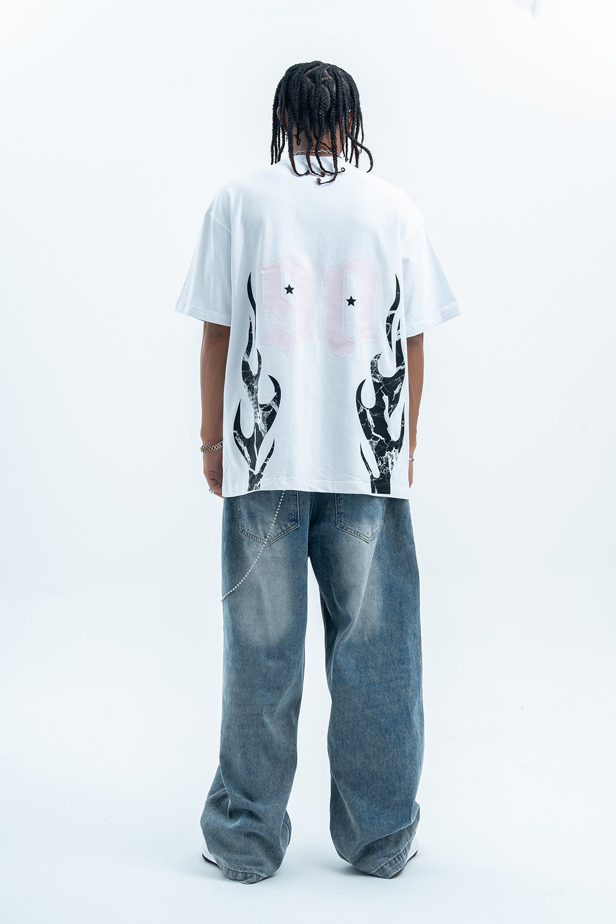 Flame print t-shirt retro cartoon top graffiti tee 90s jumper in black