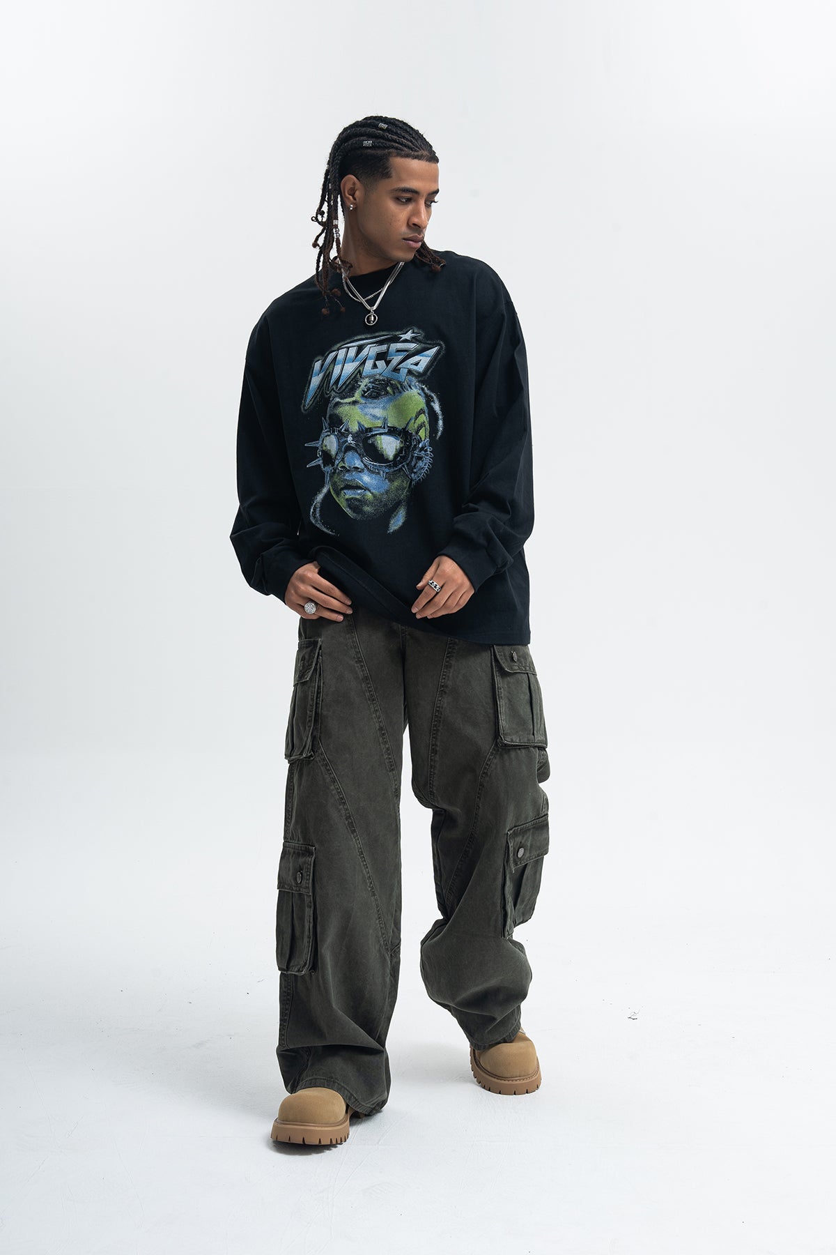 Cyberpunk top long sleeve psychedelic jumper raver print t-shirt in black