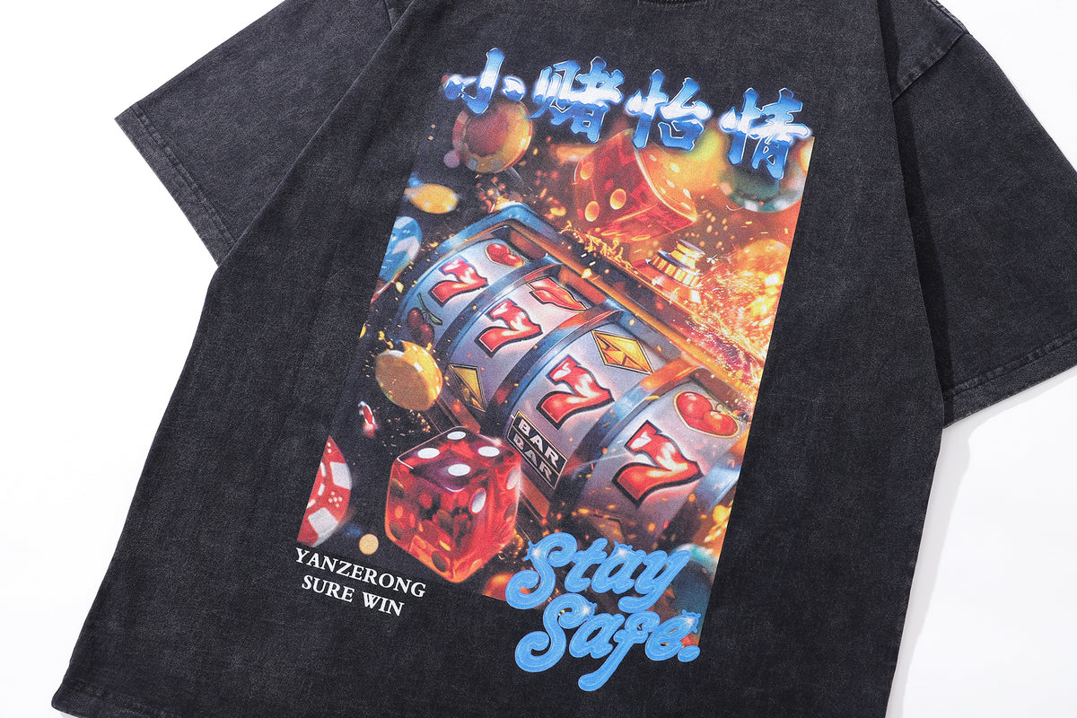 Gambler t-shirt 777 print tee retro casino poster top in vintage grey