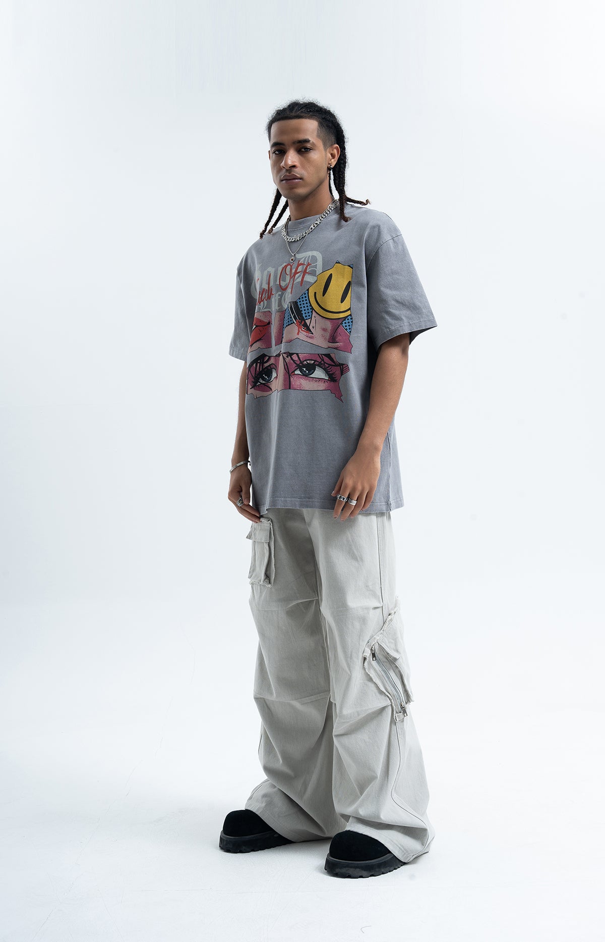 Anime t-shirt retro cartoon top 90s tee good life slogan jumper in grey