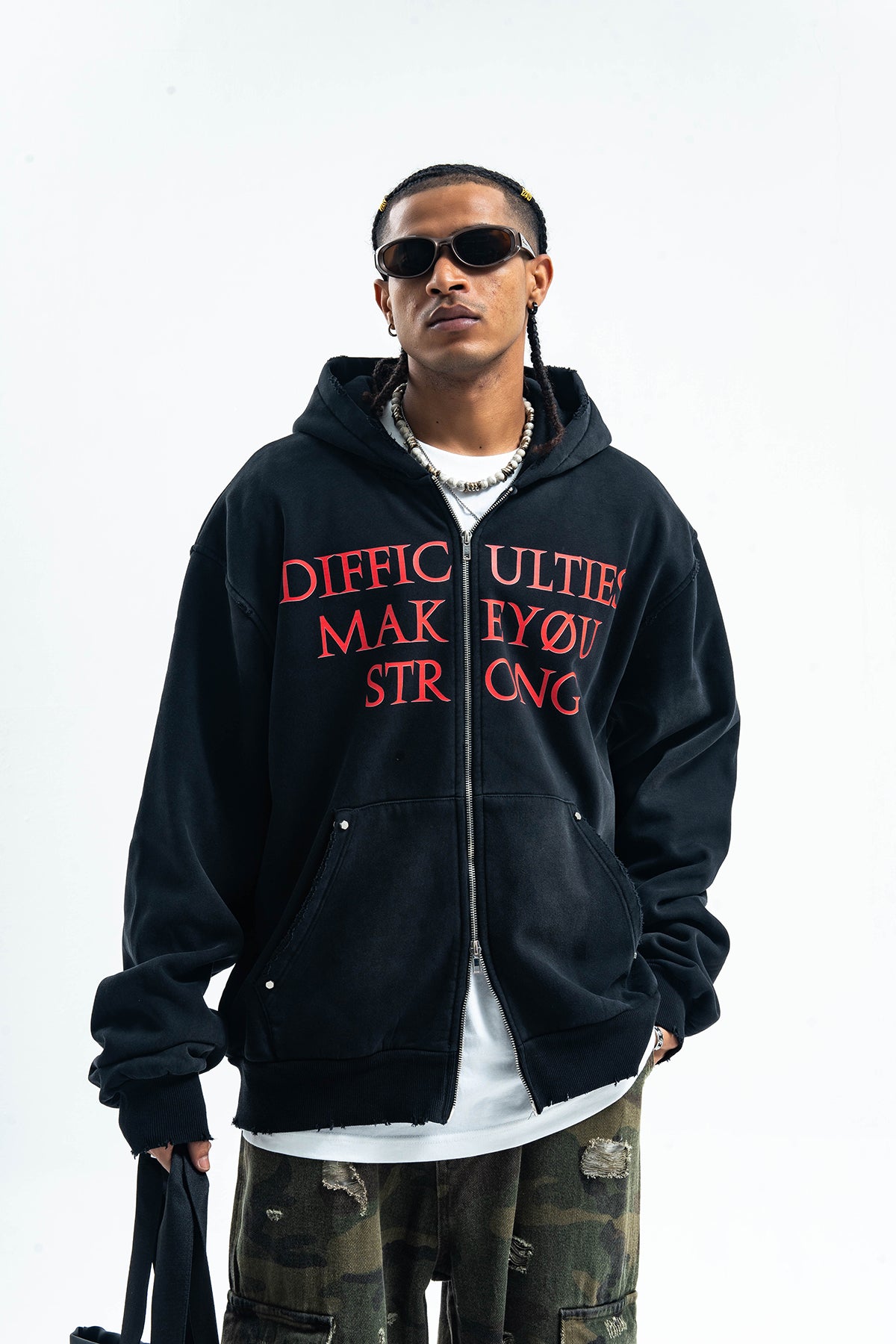 Motivational slogan hoodie grunge gorpcore pullover in black