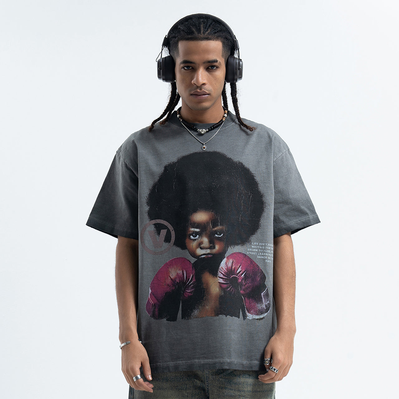 Kid boxer t-shirt retro cartoon top motivational slogan tee in grey