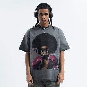 Kid boxer t-shirt retro cartoon top motivational slogan tee in grey