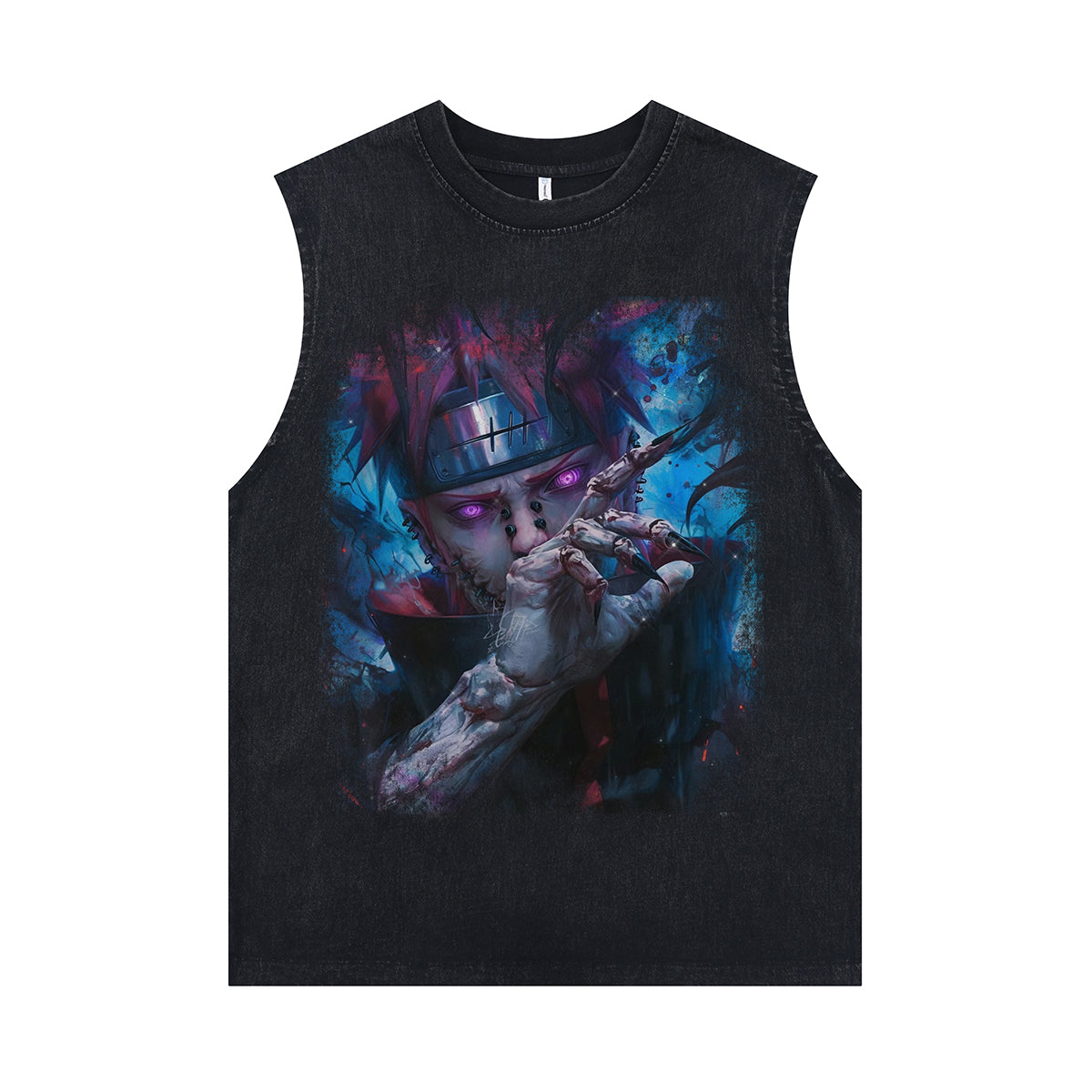 Crazy anime sleeveless t-shirt vintage Japanese vest retro cartoon tank top in acid wash black