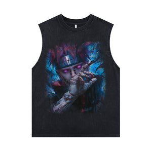 Crazy anime sleeveless t-shirt vintage Japanese vest retro cartoon tank top in acid wash black