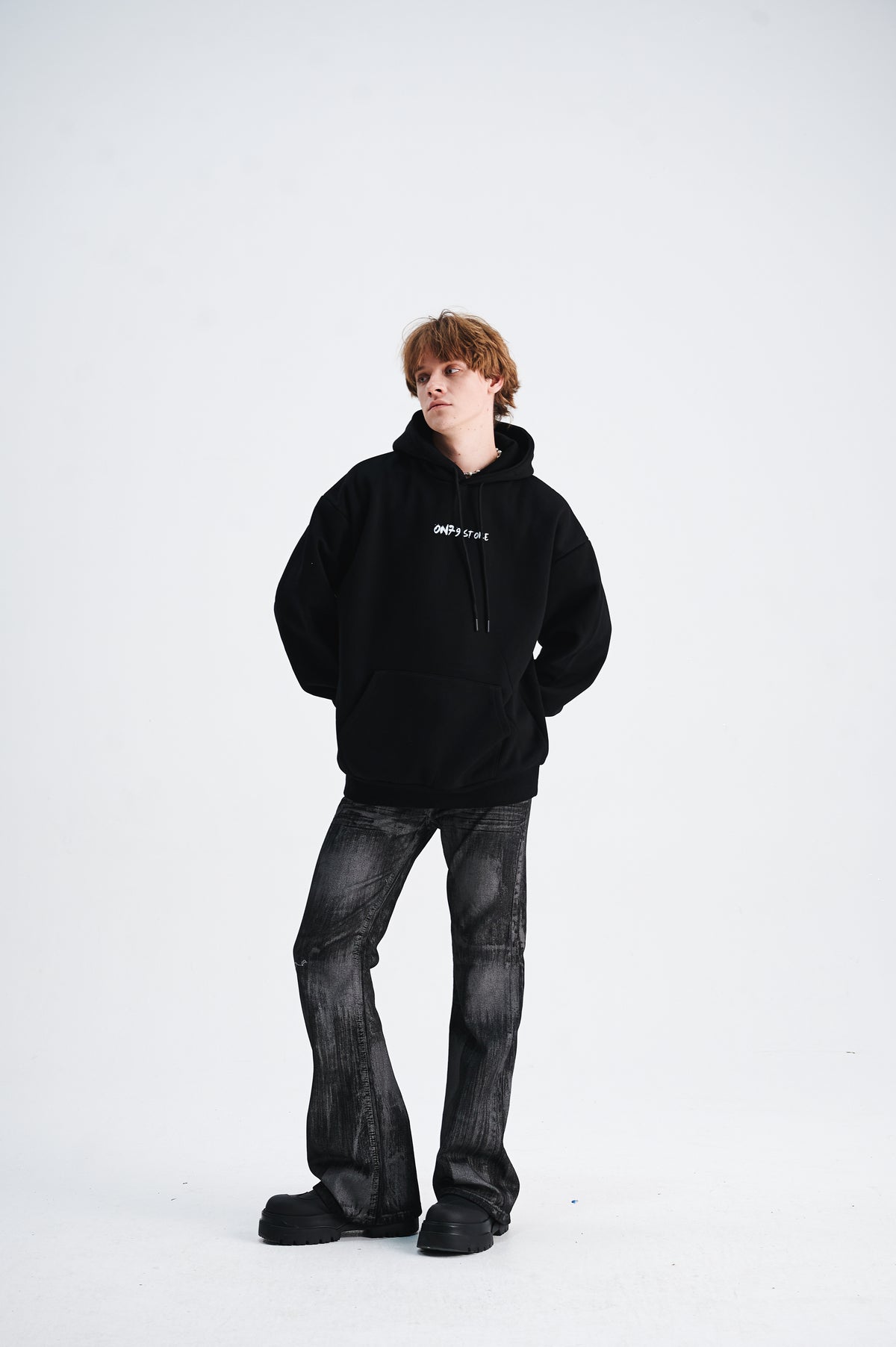 Middle finger print hoodie retro gunge jumper hip-hop pullover balaclava top in black