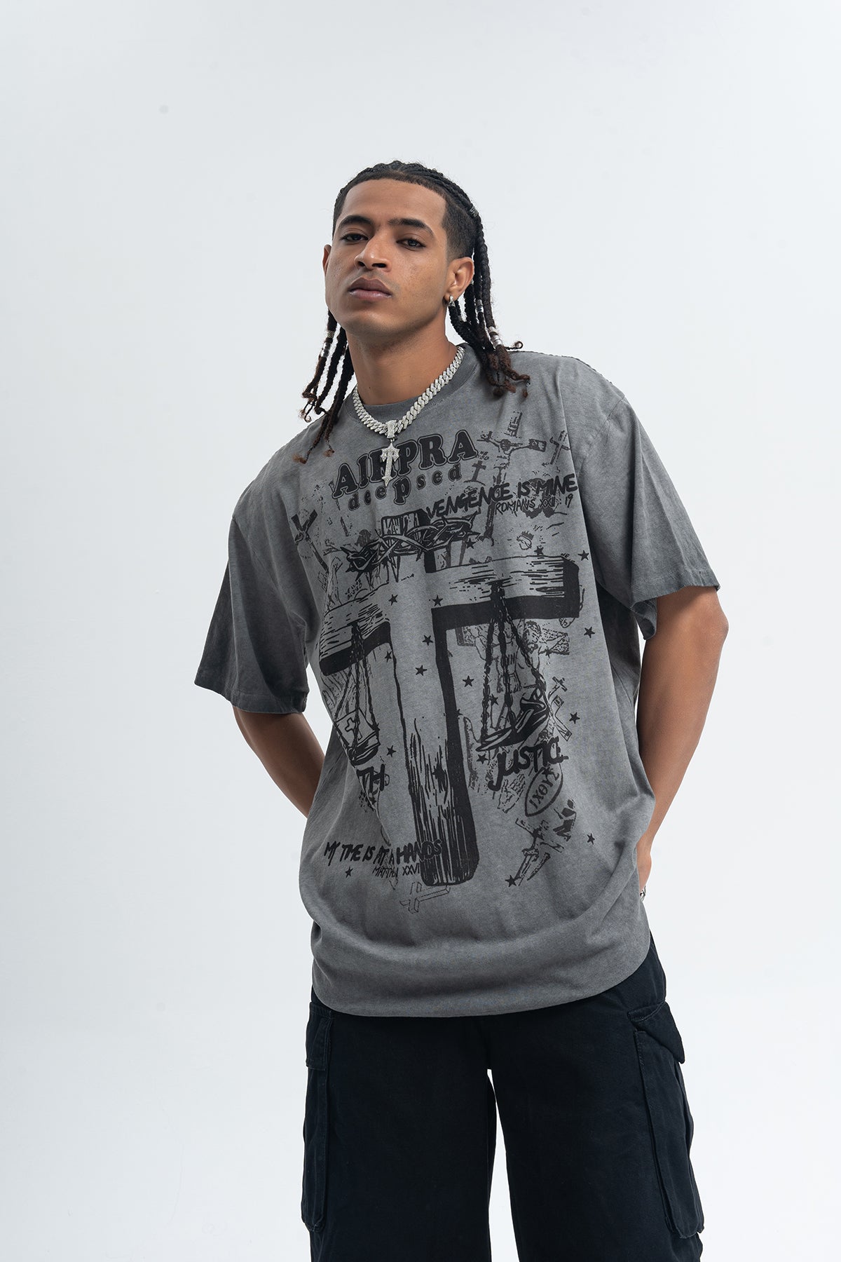 Cross print t-shirt religion top grunge saint tee in grey