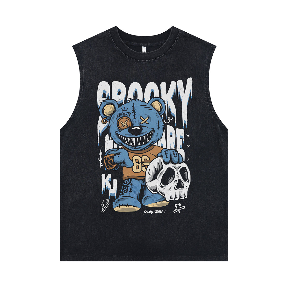 Creepy bear vintage sleeveless t-shirt gothic teddy surfer vest retro cartoon tank top in acid wash black