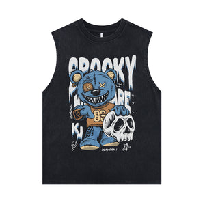 Creepy bear vintage sleeveless t-shirt gothic teddy surfer vest retro cartoon tank top in acid wash black